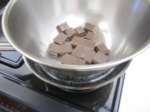 Bowl of chocolate in skillet with water